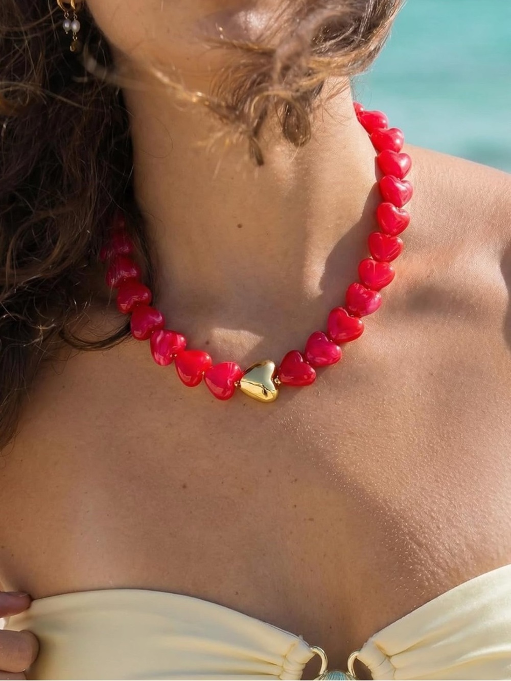 New! Rose Red Heart Bead Dopamine Necklace with Gold Accent